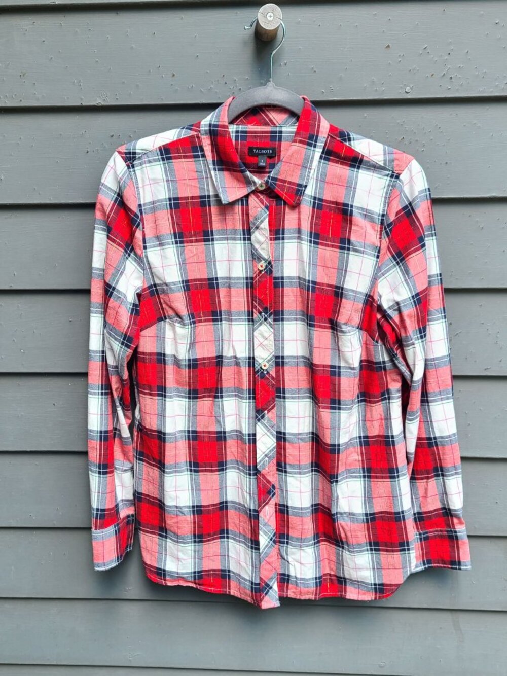 Talbots Red White Black Metallic Thread Plaid Button Down size Small